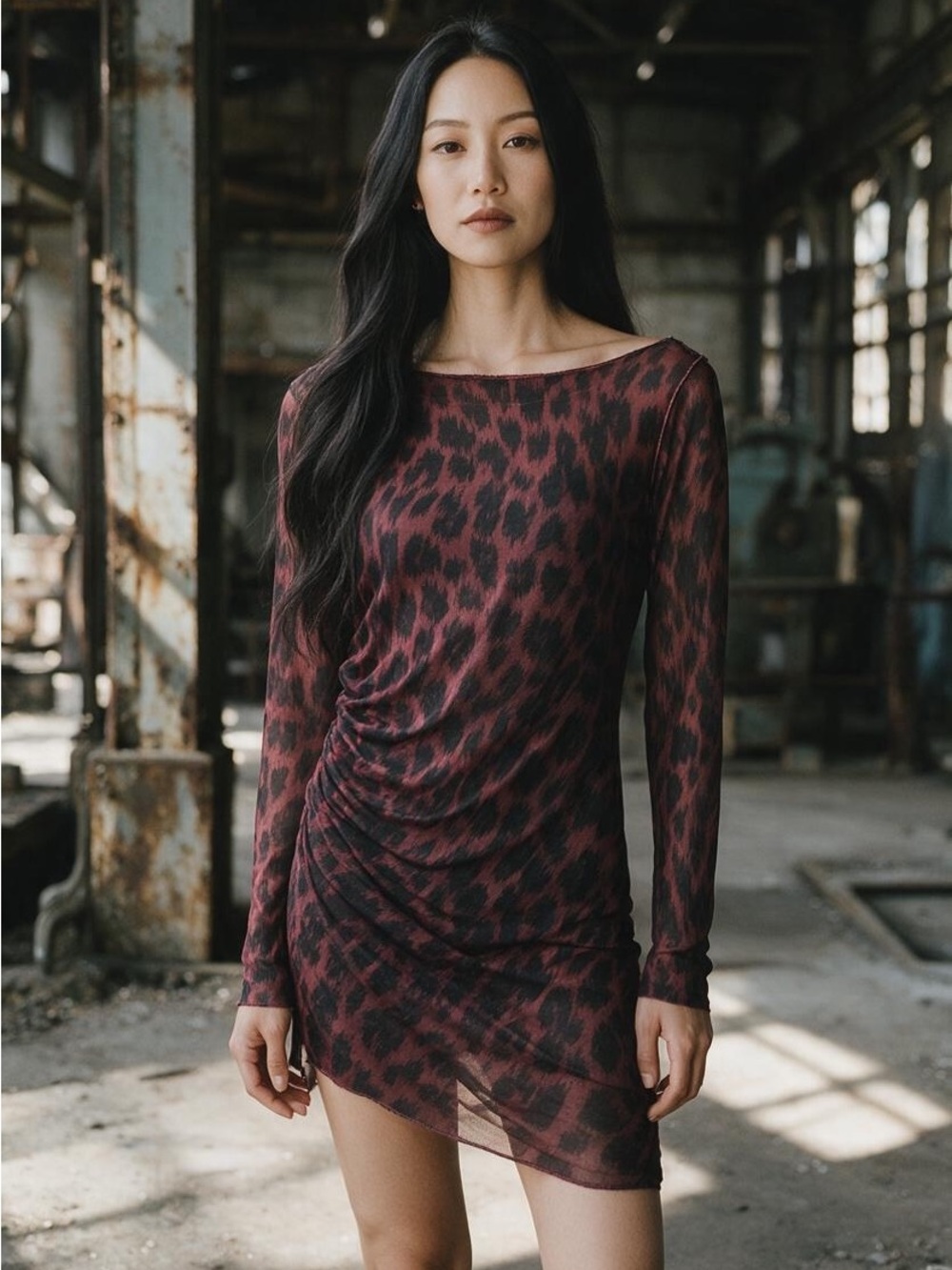 Free People Burgundy Leopard-Print Long Sleeve Mini Dress Sheer Tunic Medium